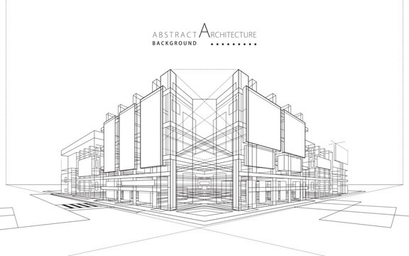 3D illustration Outline drawings of abstract modern urban buildings and architecture.