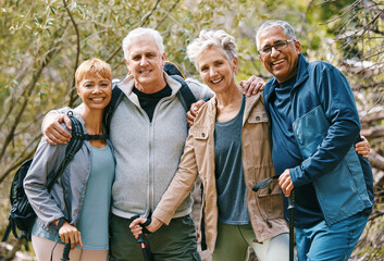 Senior hiking group, portrait and smile in nature, forest and happy for adventure together in...