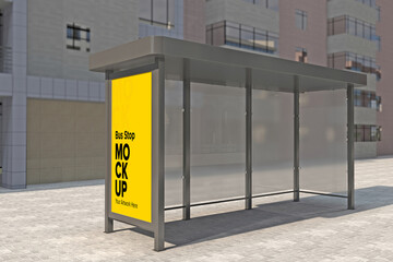 Bus Stop Billboard Bus Shelter Sinage Mockup 3d rendering