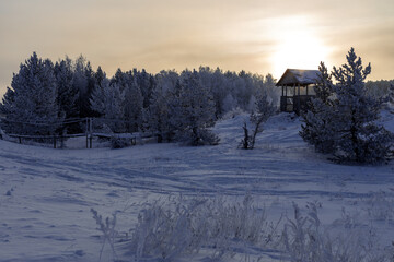 Wooden gazebo and a narrow wooden bridge in the winter forest among the pines. Sunrise time.