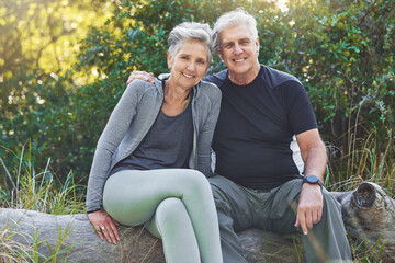 Fitness, portrait or old couple in nature for hiking workout, walking exercise or trekking on holiday vacation. Retirement, healthy or happy woman hugs or bonding with senior partner in a forest park