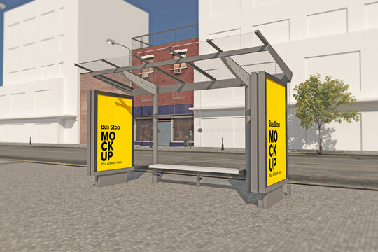 Bus Stop Billboard Bus Shelter Sinage Mockup 3d Rendering