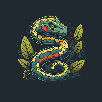 Green snake crawling character logo mascot badge in cartoon style