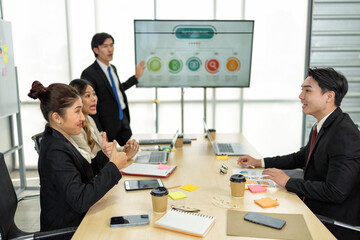 Employee meeting big screen tv presentation conference discussion brainstorming and working together