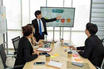 Employee meeting big screen tv presentation conference discussion brainstorming and working together