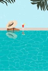 A woman is relaxing in the pool, In a luxurious beachfront hotel, Enjoying the perfect beach holiday. Girl in summer on vacation swims sunbathes and drinks juice by the pool. Flat vector illustration. - 557098367