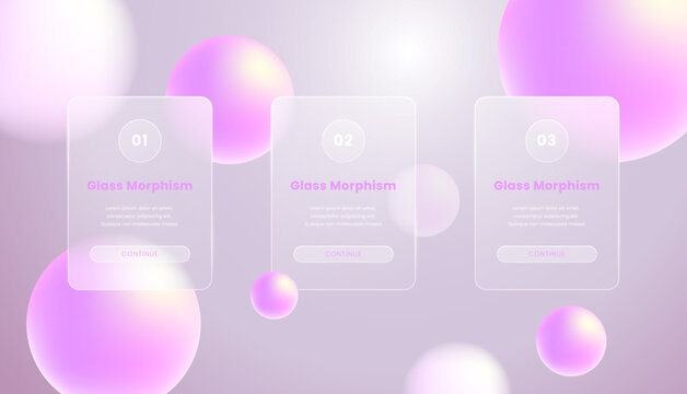 Glassmorphic 3-step Flowchart Or Timeline Diagram. Realistic Glassmorphism Effect User Interface Message For Mobile App UI UX Or Web Application. Transparent Glass Plates. Trendy Vector Illustration.