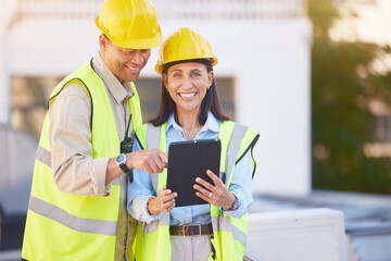 Engineer, man and woman with tablet for online research, schedule for building project and maintenance. Digital, people talking and construction worker with innovation, search internet and inspection