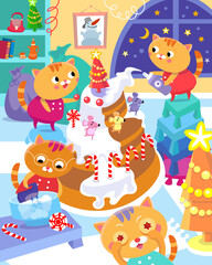 Cute kittens making Christmas cake with mice. Cartoon characters cats in uniform. Funny New Year scene with animals for workbooks, cards, books. Color vector illustration. 