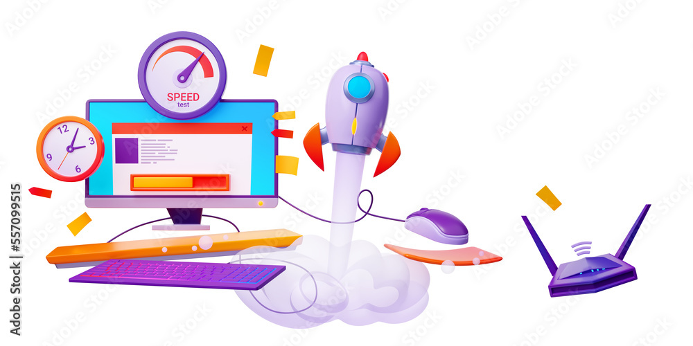 Wall mural 3d illustration of desktop computer with web page, speedometer and clock icons, rocket launch and wi