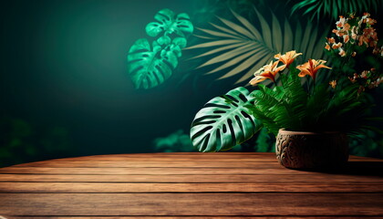 Tropical green floral background, for product display and presentation, Wooden table