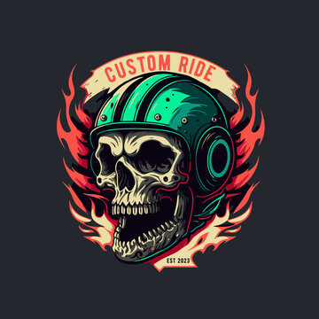 Skull In The Retro Biker Helmet Vintage Motor Custom Motorcycle Rider Style