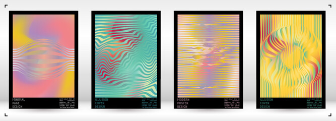 Geometrical Poster Design with Optical Illusion Effect.  Minimal Psychedelic Cover Page Collection. Colorful Wave Lines Background. Fluid Stripes Art. Swiss Design. Vector Illustration for Placard.
