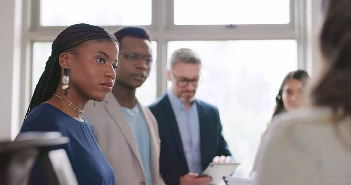 Documents, collaboration or business people in a meeting with financial paperwork planning for sales growth. Team work, CEO and employees talking or speaking of mission, goals or our vision in office