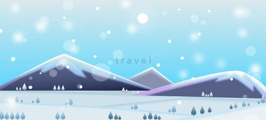 Travel concept Winter landscape. big iceberg with wide area with the falling snow, frozen lake in winter mountains, snow is falling, hills of pine trees.Illustration 3D for content  winter travel 