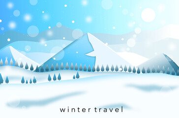 Travel concept Winter landscape. big iceberg with wide area with the falling snow, frozen lake in winter mountains, snow is falling, hills of pine trees.Illustration 3D for content  winter travel 