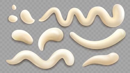 Drips of mayonnaise, cheese sauce or vanilla cream isolated on transparent background. Stains, drops and blobs of mayo sauce, yoghurt or cosmetic mousse, vector realistic set - obrazy, fototapety, plakaty