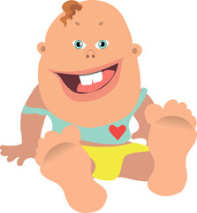 A funny, cheerful smiling baby with red hair is sitting on the floor.