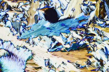 Colorful micro crystals in polarized light. Photo through a microscope - 557101565