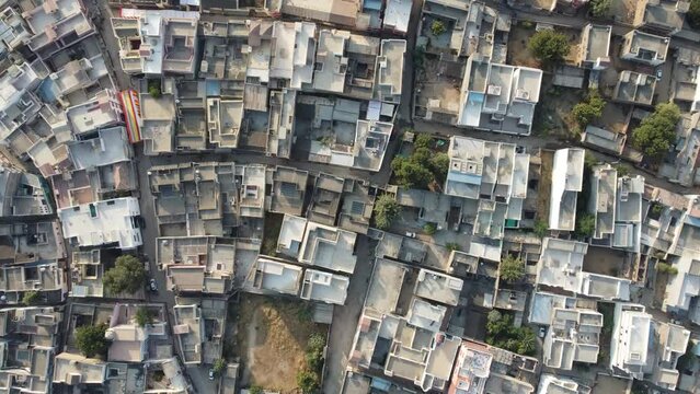 Ahore, Rajasthan, India 28th December 2022: 4k Drone shot of Ahore or Ahor is a town in the Jalore District of the Indian state of Rajasthan. Old villages of Rajasthan. View of colorful houses.