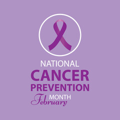 National Cancer prevention month is observed every year in February, Banner with purple ribbon and text. Vector illustration.