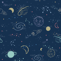 
Seamless pattern constellations, planet and star sky. Vector illustration, Galaxy Background. Kids collection. Design for kids fashion, textile, background, wallpaper