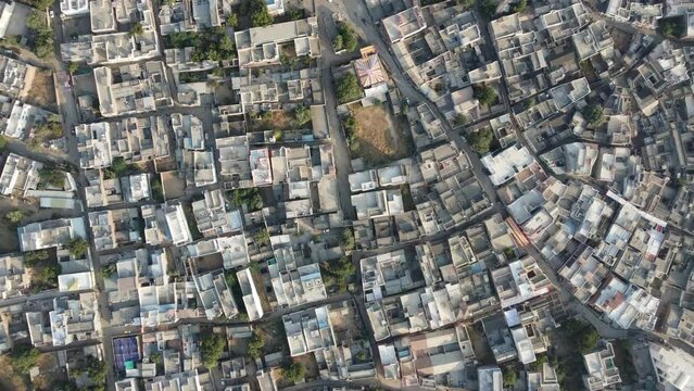 Ahore, Rajasthan, India 28th December 2022: 4k Drone shot of Ahore or Ahor is a town in the Jalore District of the Indian state of Rajasthan. Old villages of Rajasthan. View of colorful houses.