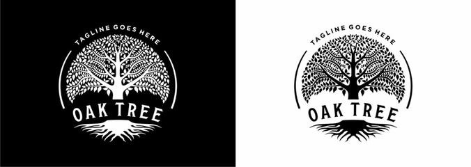 Tree of life oak banyan leaf and root seal emblem stamp logo design inspiration 