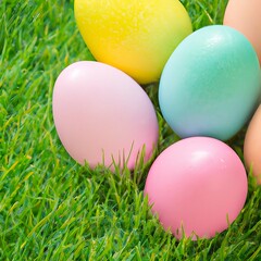 Fototapeta na wymiar Colorful easter eggs on green grass. Generative AI