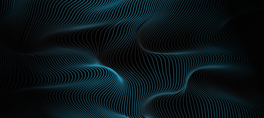 Abstract dotted wave line particles of bright blue design element on dark black background. Modern technology futuristic concept. Vector illustration