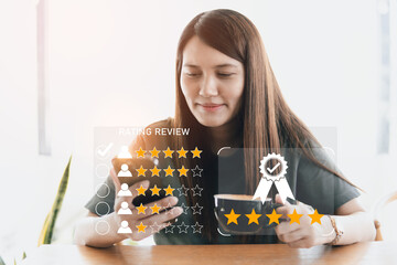 Customer review good rating concept, customer review by five star feedback, positive customer feedback testimonial.	 - obrazy, fototapety, plakaty