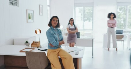 Business women with protest sign, empowerment and gender equality in office and serious female employees. Corporate movement, strong and vision with leadership, career development and future growth.