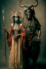Person in the night .K-drama Shaman, Witch Couple in Studio Shot wearing traditional witch costumes. Stunning clarity and objectivity. Mysterious figures from Korea. Historical costumes. - obrazy, fototapety, plakaty