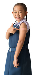 Asian student little girl showing pointing with finger to bandage on her arm shoulder with...