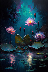 Obraz na płótnie Canvas flowers on the lake at night generative AI