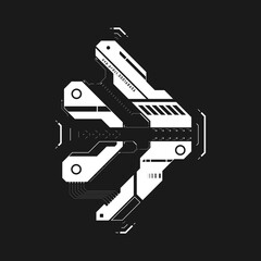 Cyberpunk arrow. Futuristic tech interface element. Cyberpunk pointer, direction. Tech arrow for design of game UI, poster, banner. GUI. Sci-fi element. Future tech aesthetics. Vector illustration