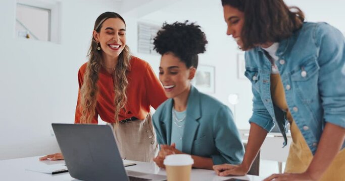 Laptop, success or women high five at work in celebration of digital marketing sales goals or kpi target. Happy, winner or excited employees hugging to celebrate bonus, business growth or achievement
