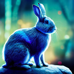 cute animal little pretty blue rabbit portrait from a splash of watercolor illustration