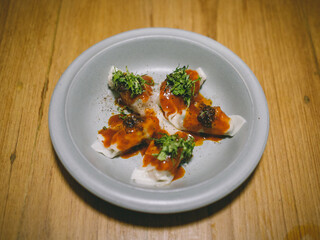 Pork dumpling spicy mayo sauce