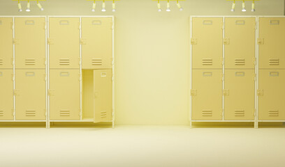 Creative composition. Row of lockers in the hallway on pastel yellow background. Locker room gym school interior. 3D render for web page, presentation, studio.
