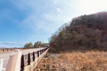 Fototapeta premium よく晴れた2月に撮影した安曇野アートラインの橋と林