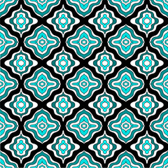 Abstract fabric ikat seamless pattern with flowers on blue background.