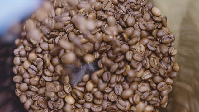Coffee beans are poured into a coffee grinder in a cafe.