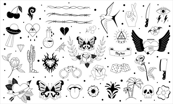 Set of tattoo in y2k, 1990s, 2000s style. Emo goth element design with flaming hearts, knife, rose, flower, butterfly, fire, skull. Old school tattoo. Vector illustration