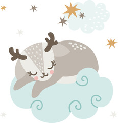 Vector children's illustration in Scandinavian style. Cute little deer sleeping on a cloud, stars 
