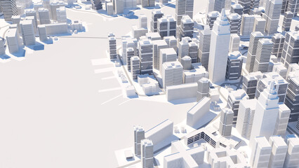 High-rise building in the city's business district Roads and rivers exist. ,Office buildings and high-rise structures. ,Low-polygon cityscape and architecture ,3d rendering