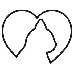 Illustration of a contour silhouette of a cat in the shape of a heart on a white background.