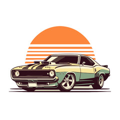 classic custom muscle car racing in retro style vector illustration, for log icon badge - obrazy, fototapety, plakaty