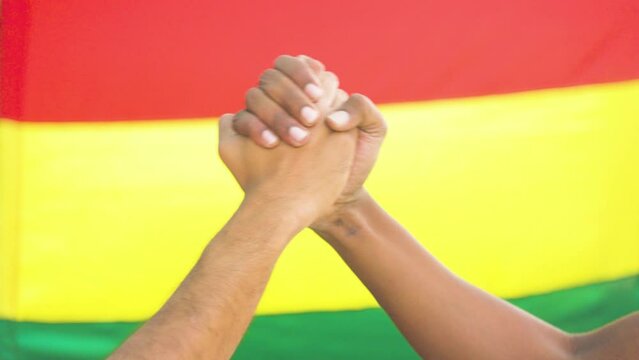 Two diverse hands joining hands against black history month flag to show unity - concept of support, activism and celebration