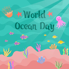Naklejka na ściany i meble The 8th of June is World Ocean Day, Save our oceans, flat illustration of a fish swimming underwater with beautiful coral and seaweed